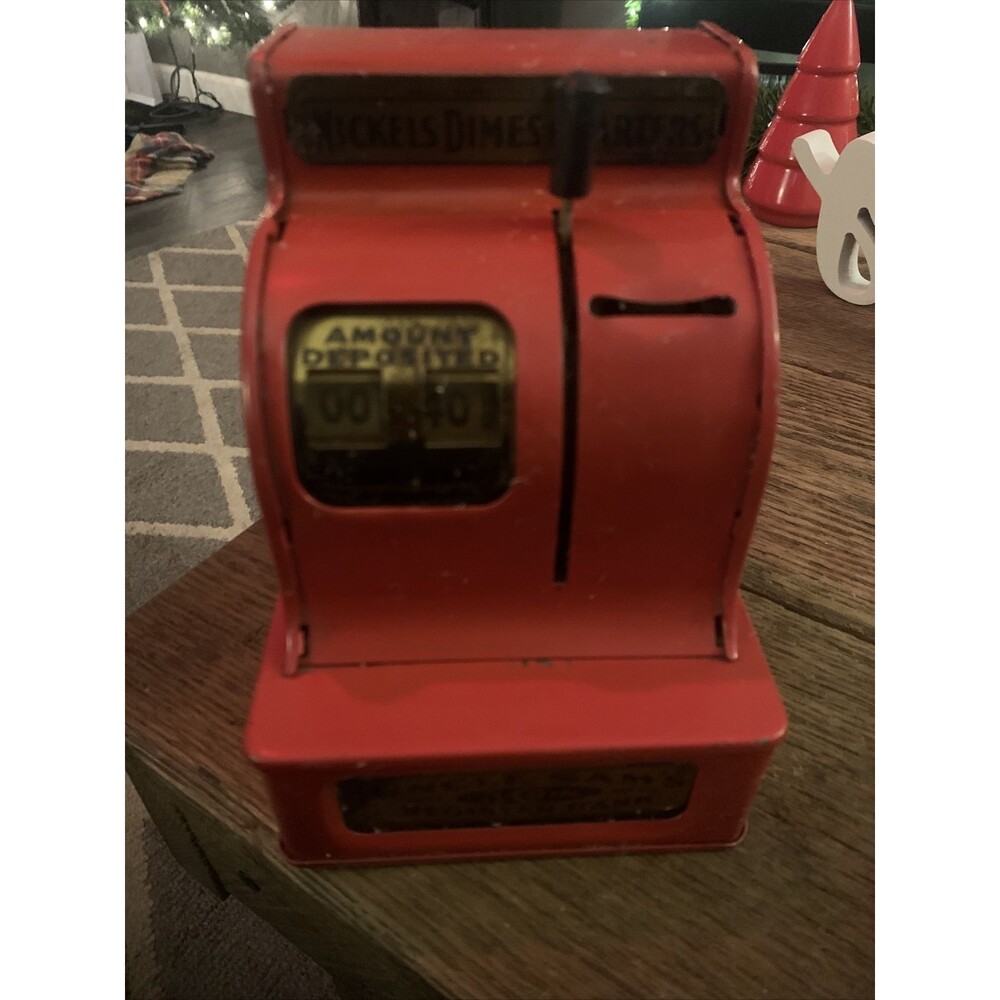 Vintage Uncle Sam's 3-Coin Cash Register Bank Red Metal